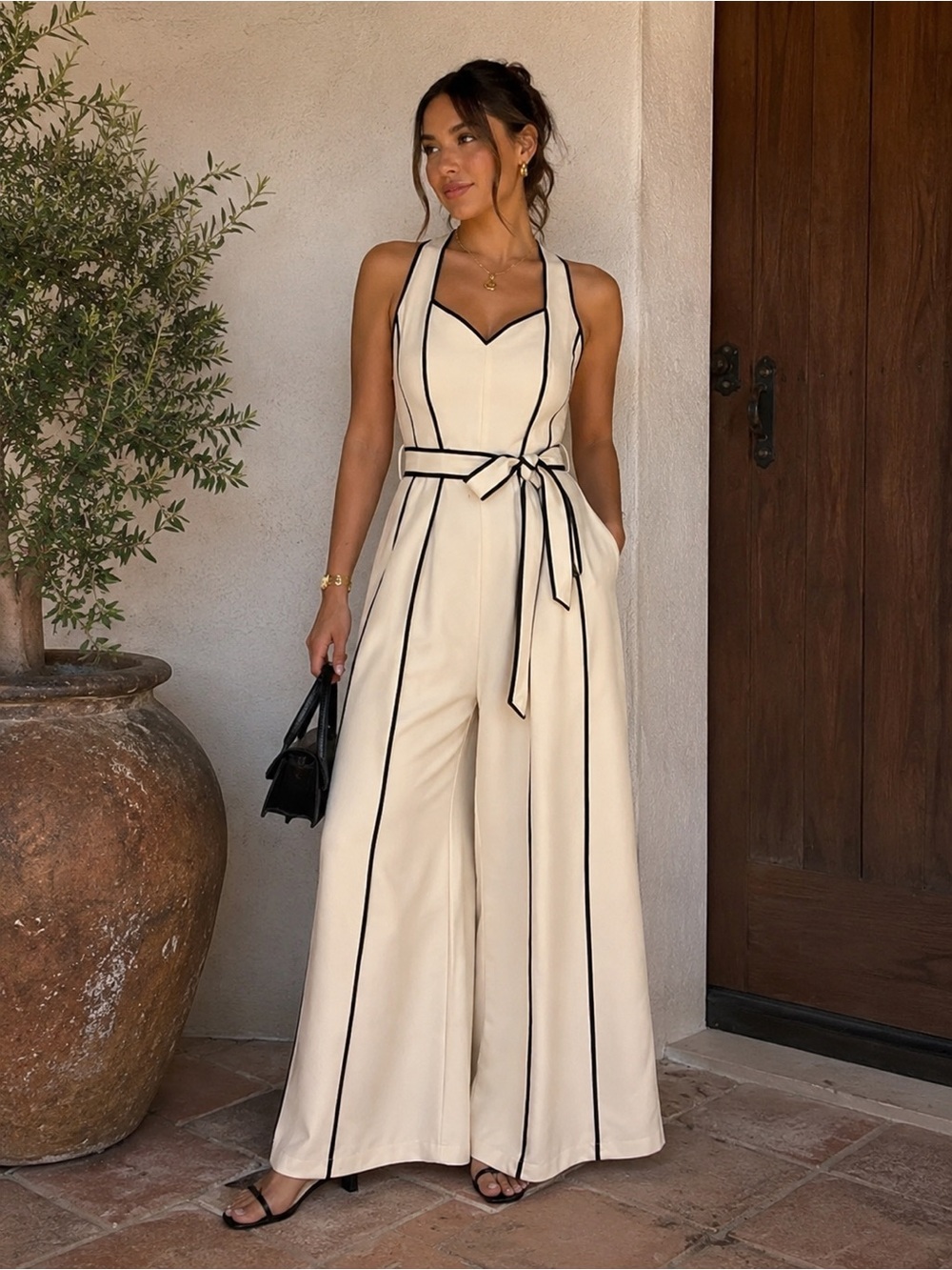 88- NEW Striped Retro Sleeveless V-Neck Apricot Waist Belt‎ Wide Leg Jumpsuit